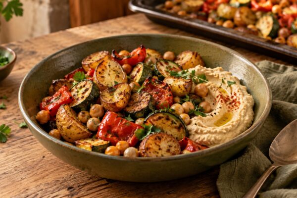 Ofengemüse-Hummus-Bowl mit Kartoffeln