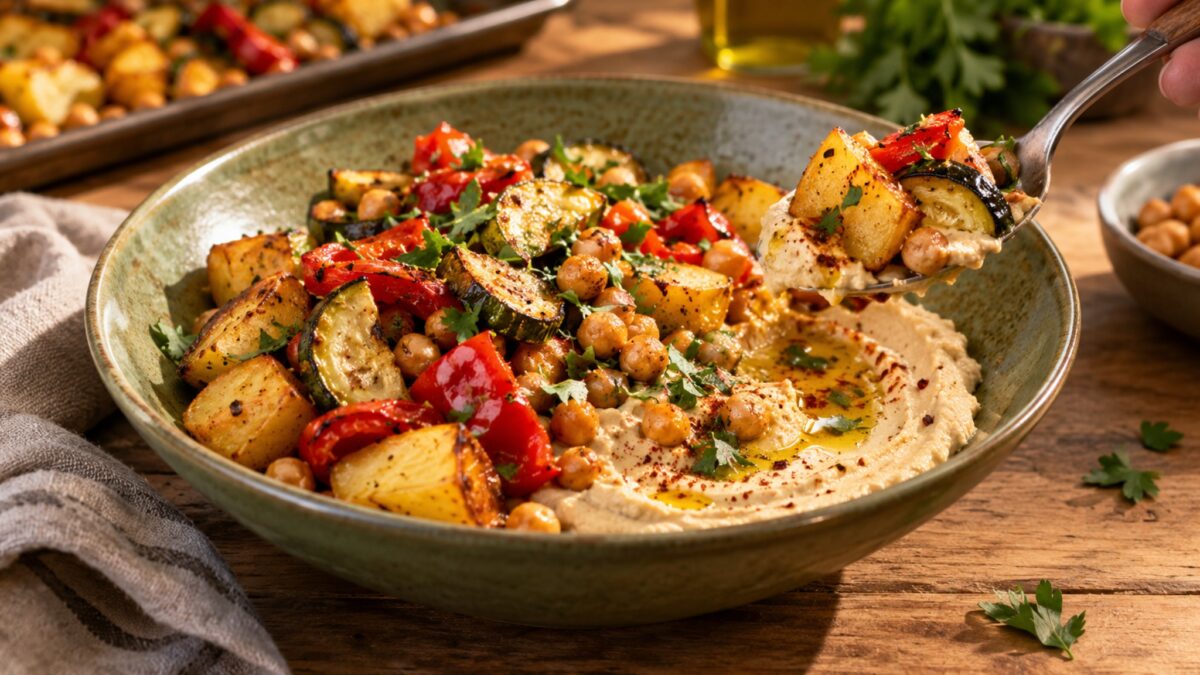 Ofengemüse-Hummus-Bowl mit Kartoffeln
