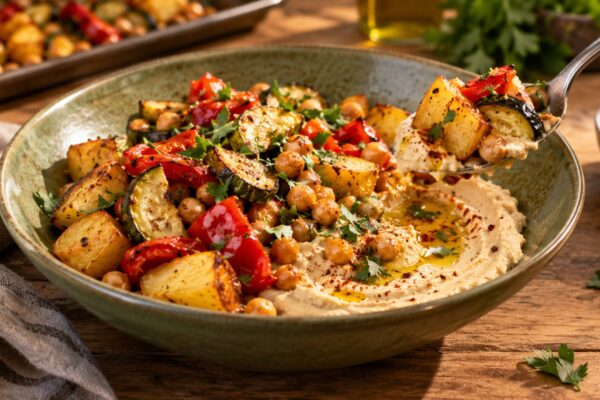 Ofengemüse-Hummus-Bowl mit Kartoffeln