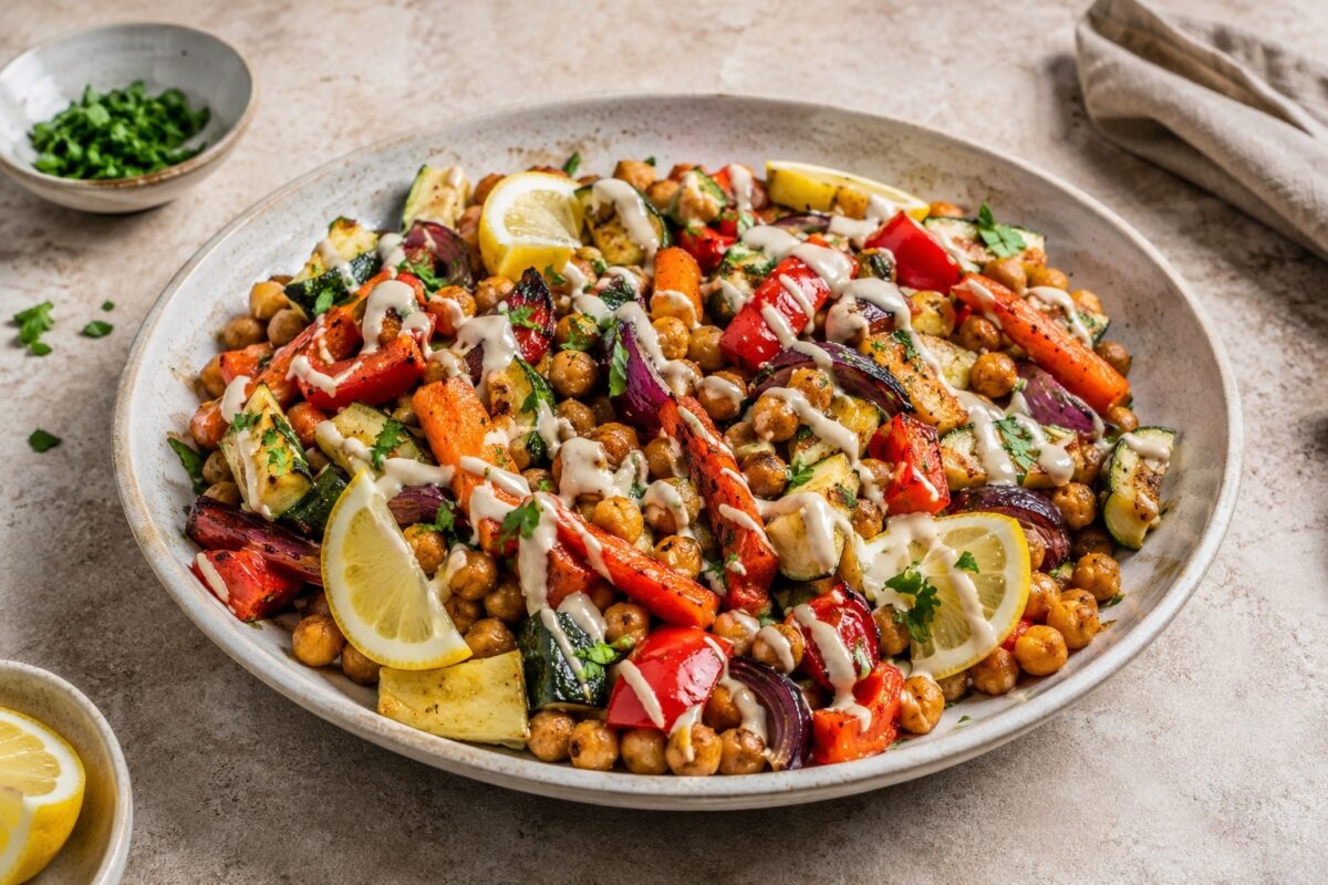Bunte geröstete Gemüsestücke und Kichererbsen mit Zitronenspalten und heller Tahini-Sauce.
