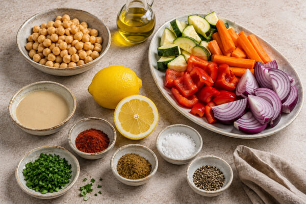 Zutaten- oder Vorbereitungsansicht mit Zucchini, Möhren, roter Paprika, roter Zwiebel, Kichererbsen, Olivenöl, Tahini, Zitrone, Petersilie, Kreuzkümmel, Paprikapulver, Salz und Pfeffer.