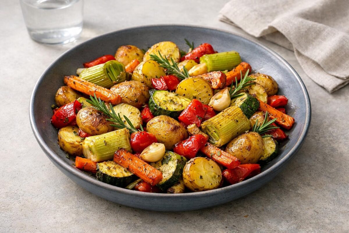 Hauptansicht des fertigen Gerichts. Rezept: Ofengemüse mit Kräutern und Knoblauch