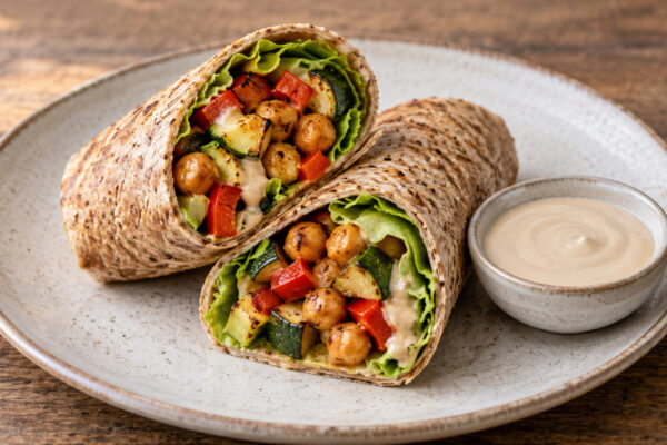 Ofengemüse-Wraps mit Kichererbsen und Tahin: Fertiges Gericht als zentrales Hauptmotiv.