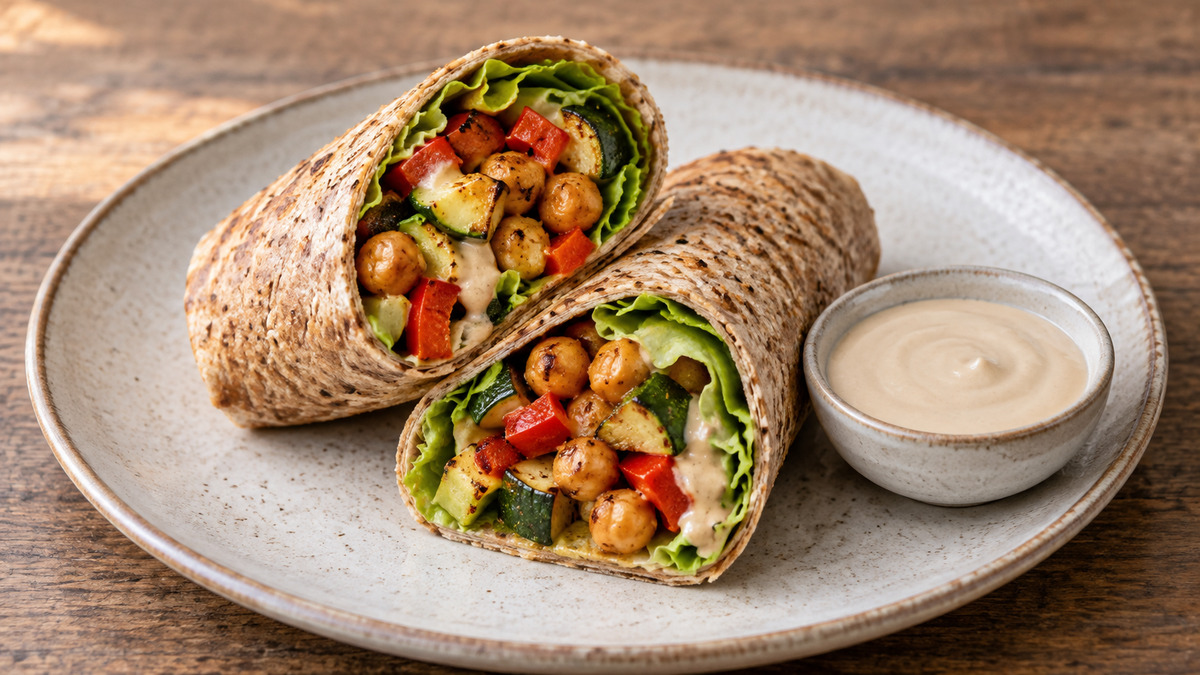 Ofengemüse-Wraps mit Kichererbsen und Tahin: Fertiges Gericht als zentrales Hauptmotiv.