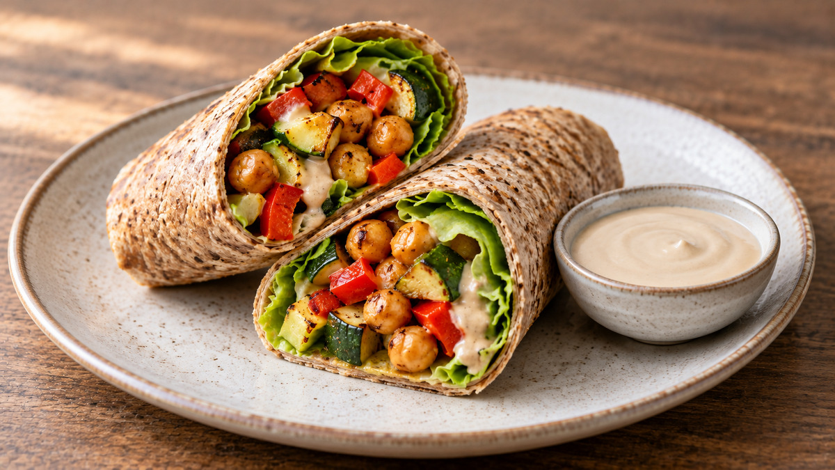 Ofengemüse-Wraps mit Kichererbsen und Tahin: Fertiges Gericht aus einer alternativen Perspektive.