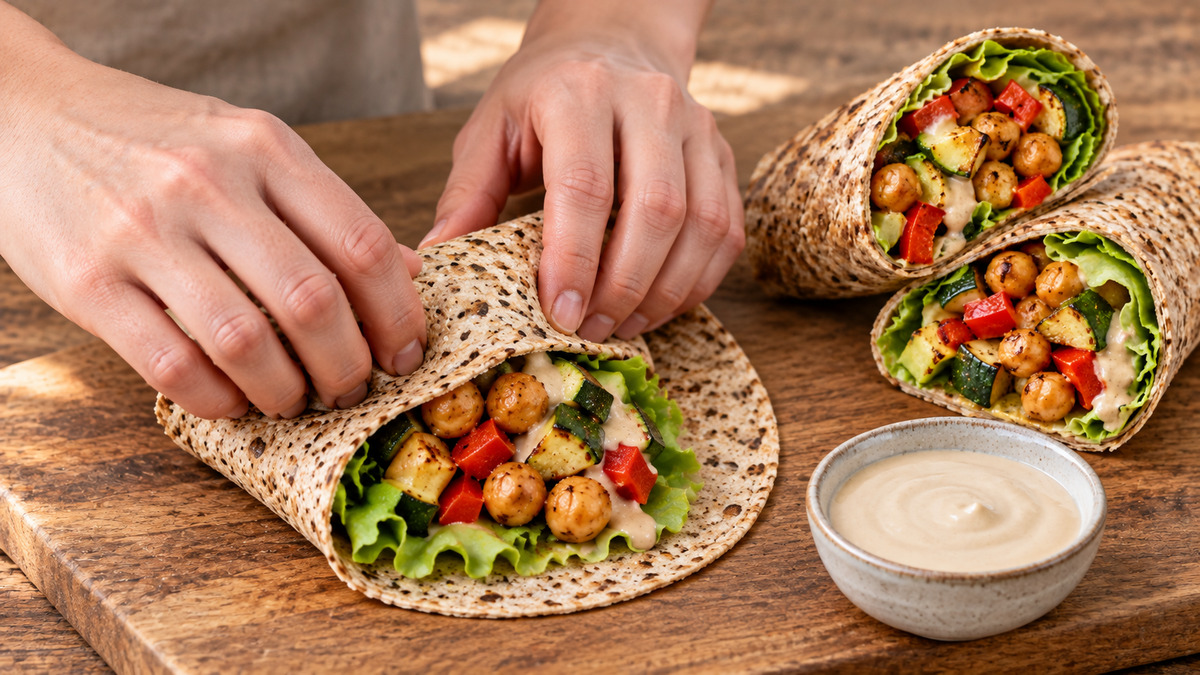 Ofengemüse-Wraps mit Kichererbsen und Tahin: Alternative Anrichtung oder aktive Servierszene.