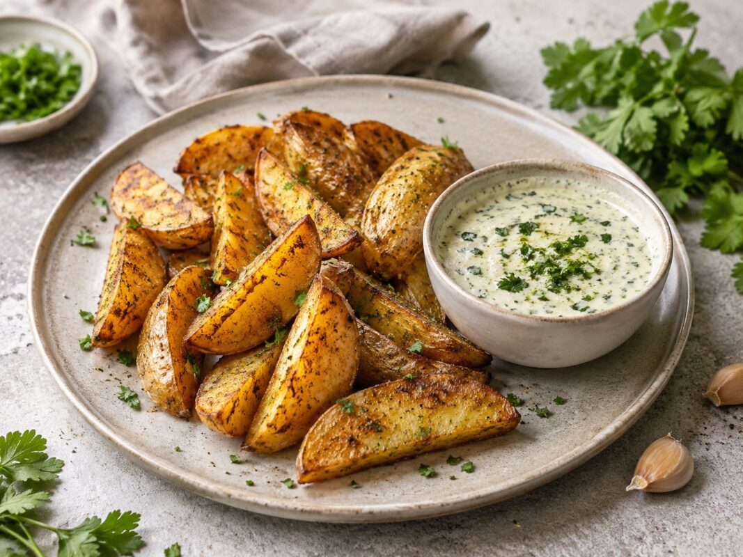 Goldbraune Kartoffelspalten auf einem Teller, daneben eine kleine Schale mit cremiger Kräuter-Tahini-Sauce.