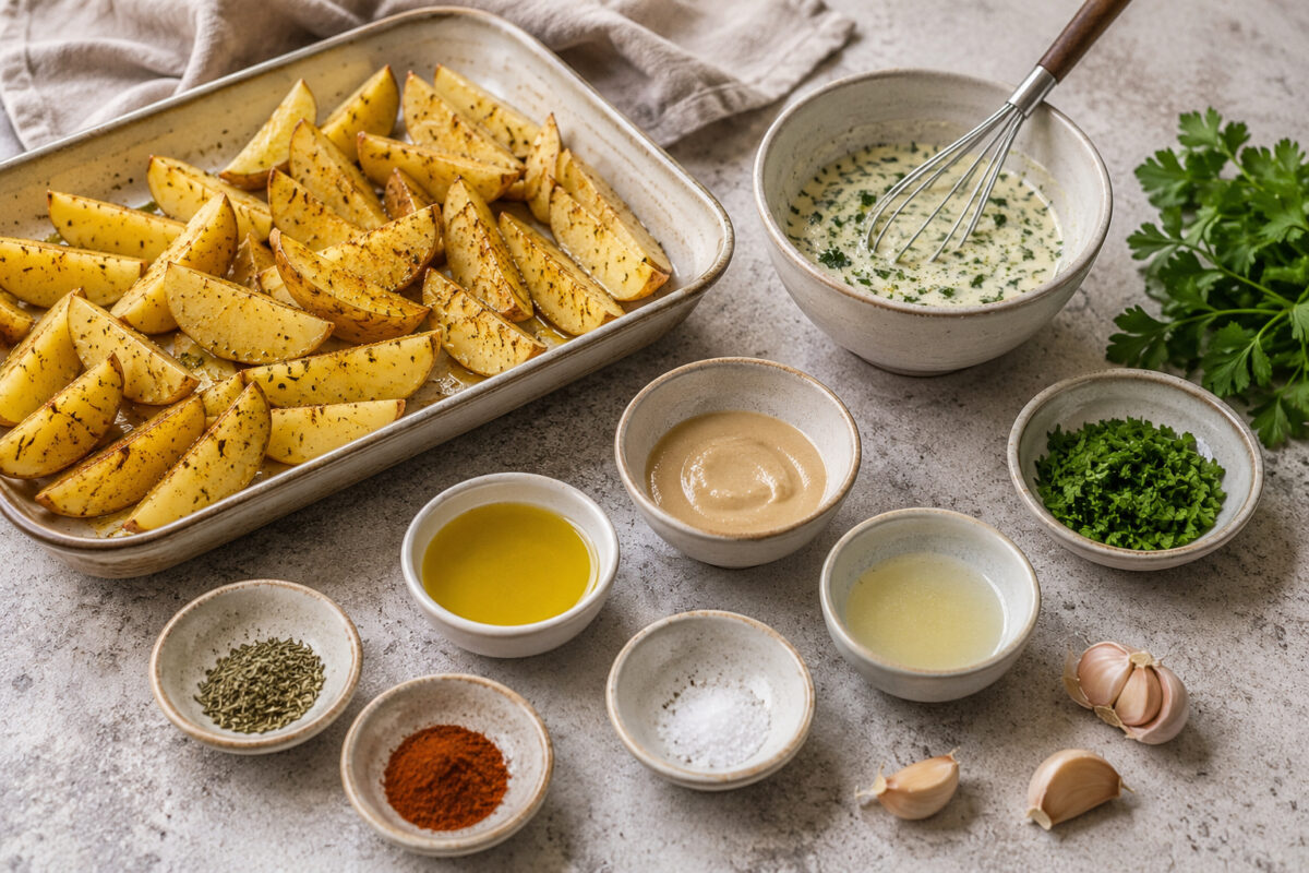 Zutaten- und Vorbereitungsansicht mit Kartoffelspalten, Olivenöl, Tahini, Zitronensaft, Knoblauch, Petersilie und Gewürzen sowie angerührter Kräuter-Tahini-Sauce.