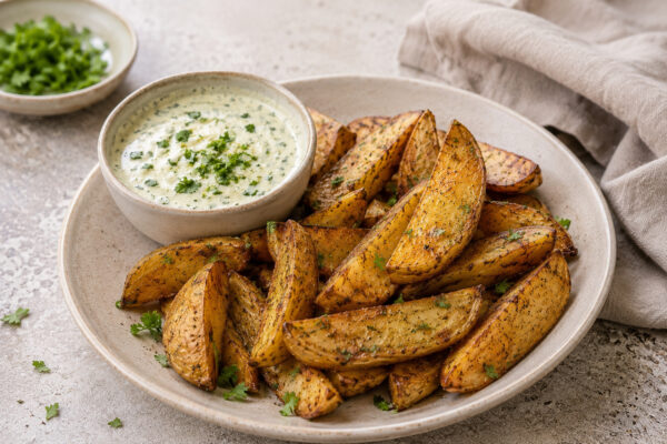 Fertige goldbraune Ofenkartoffelspalten auf einem hellen Keramikteller mit einer Schale cremiger Kräuter-Tahini-Sauce, alternative Perspektive zu Bild 1.