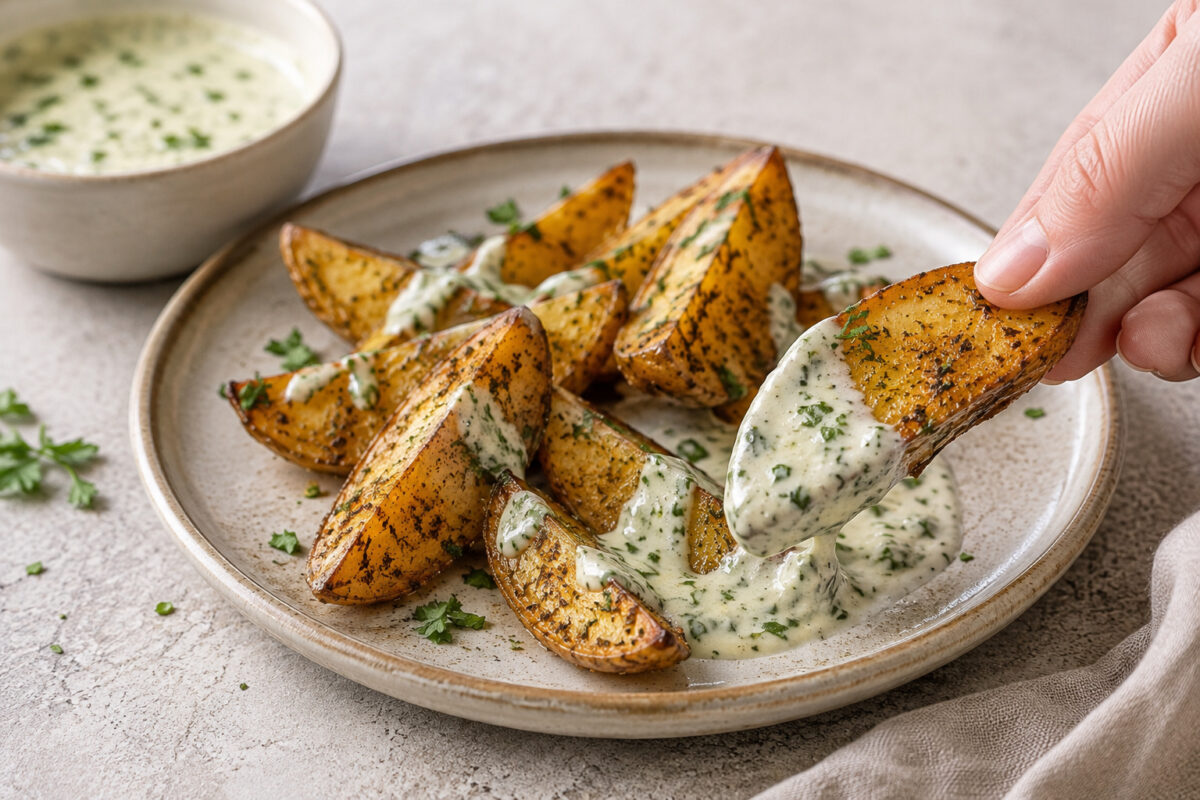 Detail- und Servierszene mit knusprigen Kartoffelspalten und Kräuter-Tahini; eine Kartoffelspalte wird sichtbar in die cremige Sauce getaucht.