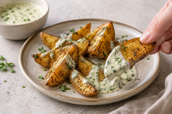 Detail- und Servierszene mit knusprigen Kartoffelspalten und Kräuter-Tahini; eine Kartoffelspalte wird sichtbar in die cremige Sauce getaucht.