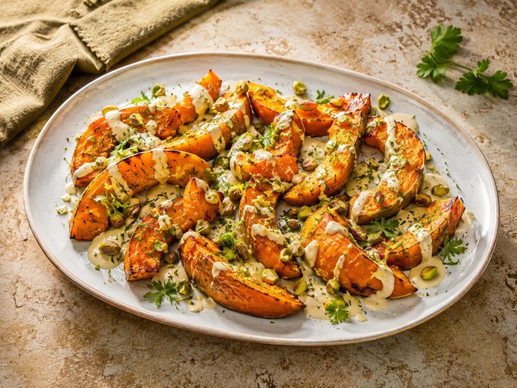 Große helle Platte mit gerösteten orangefarbenen Kürbisspalten, heller Tahini-Sauce, grünen Pistazien und Kräutern.