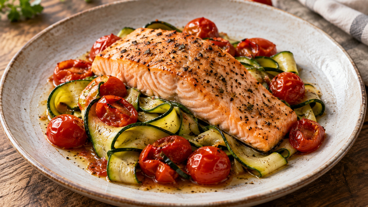 Ofenlachs auf Zucchinibändern mit geschmorten Tomaten