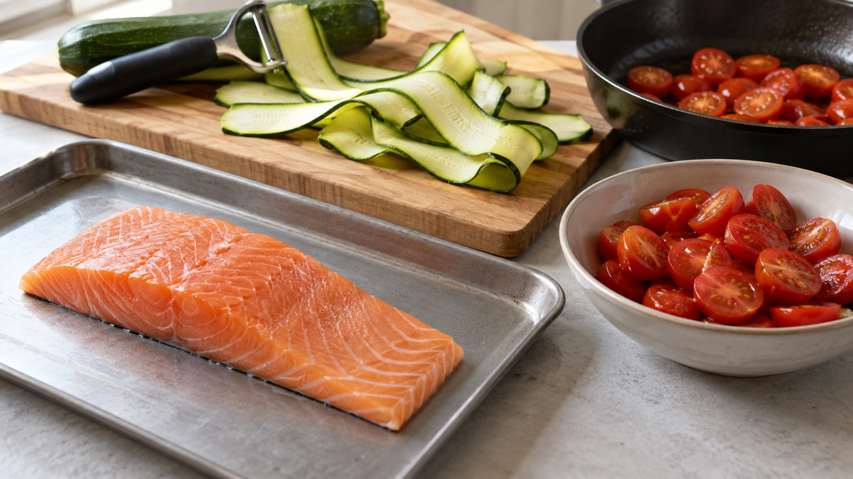 Ofenlachs auf Zucchinibändern mit geschmorten Tomaten