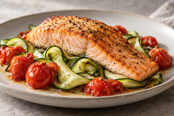 Ofenlachs auf Zucchinibändern mit geschmorten Tomaten