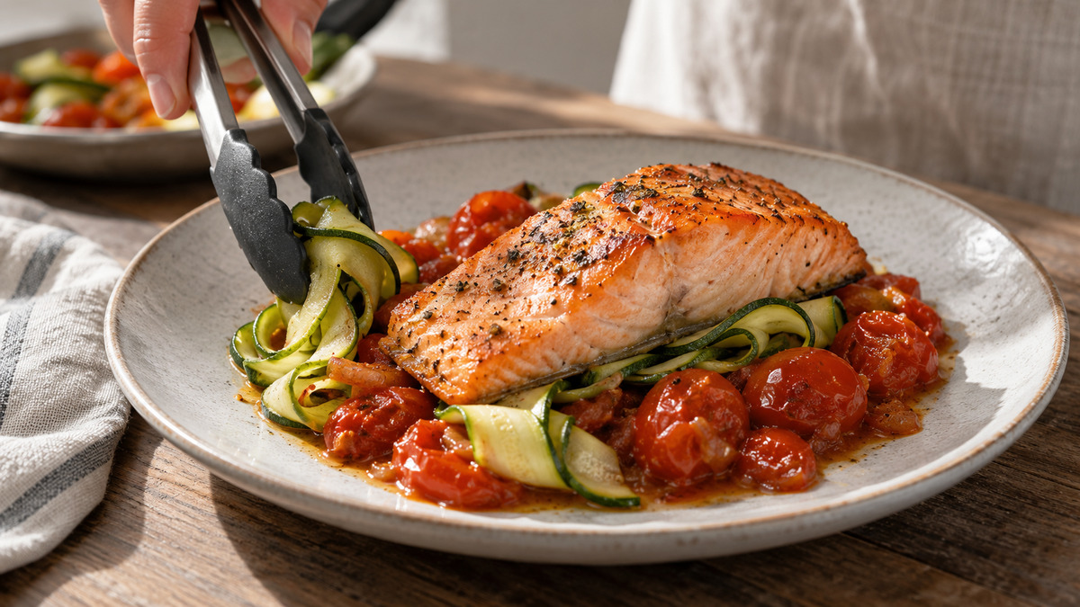 Ofenlachs auf Zucchinibändern mit geschmorten Tomaten