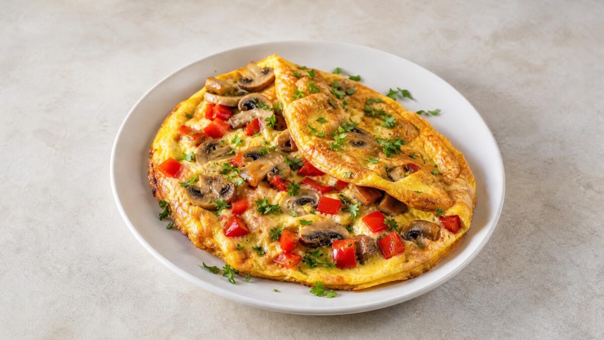 Hauptansicht des fertigen Gerichts. Rezept: Omelett mit Pilzen und Paprika
