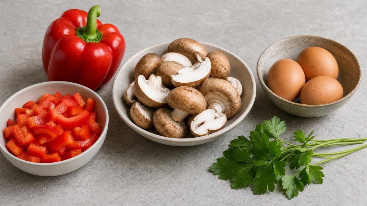 Zutaten- und Vorbereitungsansicht zum Rezept. Rezept: Omelett mit Pilzen und Paprika