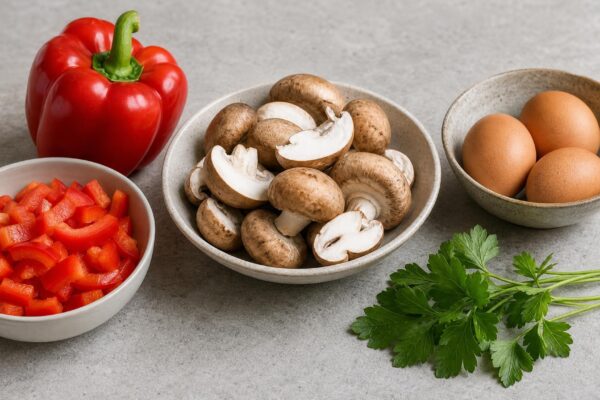 Zutaten- und Vorbereitungsansicht zum Rezept. Rezept: Omelett mit Pilzen und Paprika