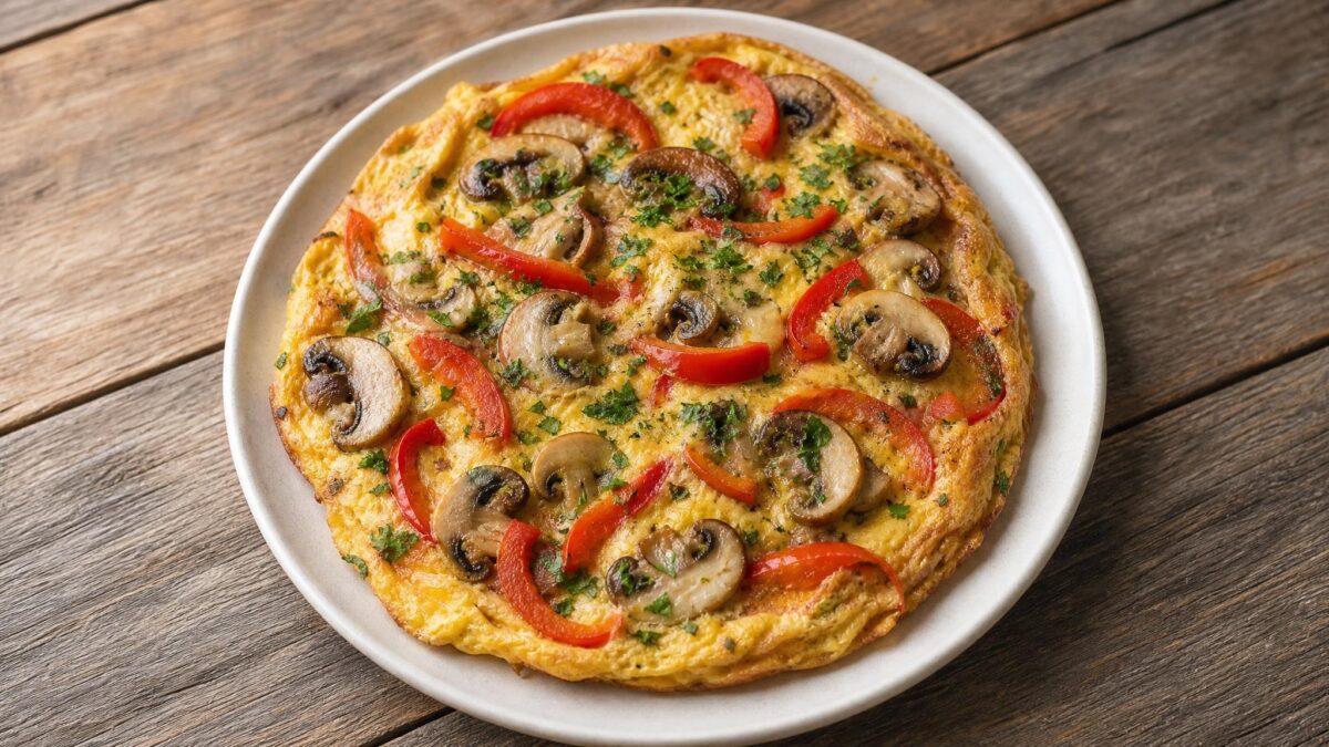 Fertiges Gericht aus einer alternativen Perspektive. Rezept: Omelett mit Pilzen und Paprika