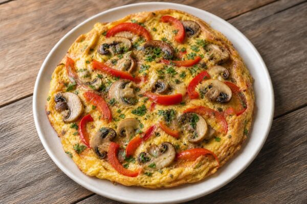 Fertiges Gericht aus einer alternativen Perspektive. Rezept: Omelett mit Pilzen und Paprika