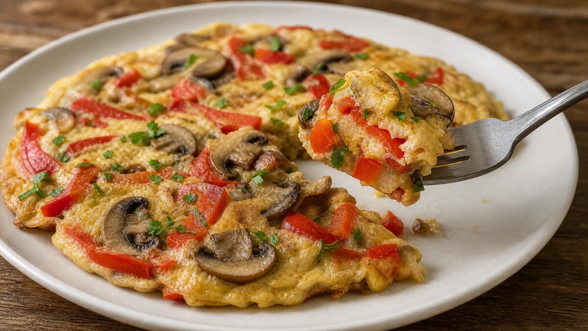 Servierszene mit dem fertigen Gericht. Rezept: Omelett mit Pilzen und Paprika