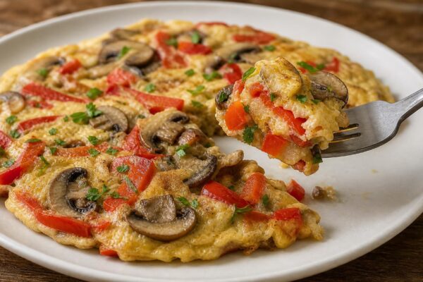 Servierszene mit dem fertigen Gericht. Rezept: Omelett mit Pilzen und Paprika