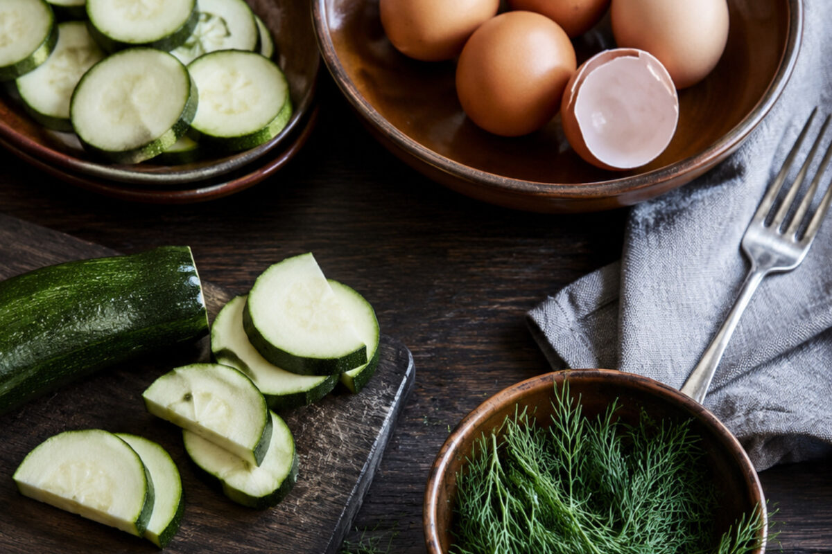Zutaten- und Vorbereitungsansicht. Rezept: Omelett mit Zucchini und Dill