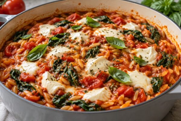 One-Pot-Tomaten-Orzo mit Spinat und Mozzarella: Fertiges Gericht als Hauptmotiv.