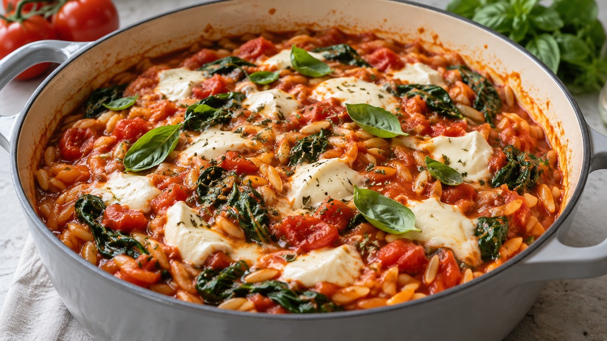 One-Pot-Tomaten-Orzo mit Spinat und Mozzarella: Fertiges Gericht als Hauptmotiv.
