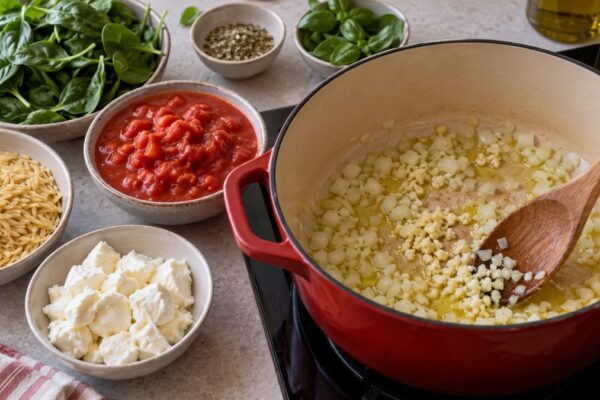 One-Pot-Tomaten-Orzo mit Spinat und Mozzarella: Zutaten und realer Vorbereitungsschritt.