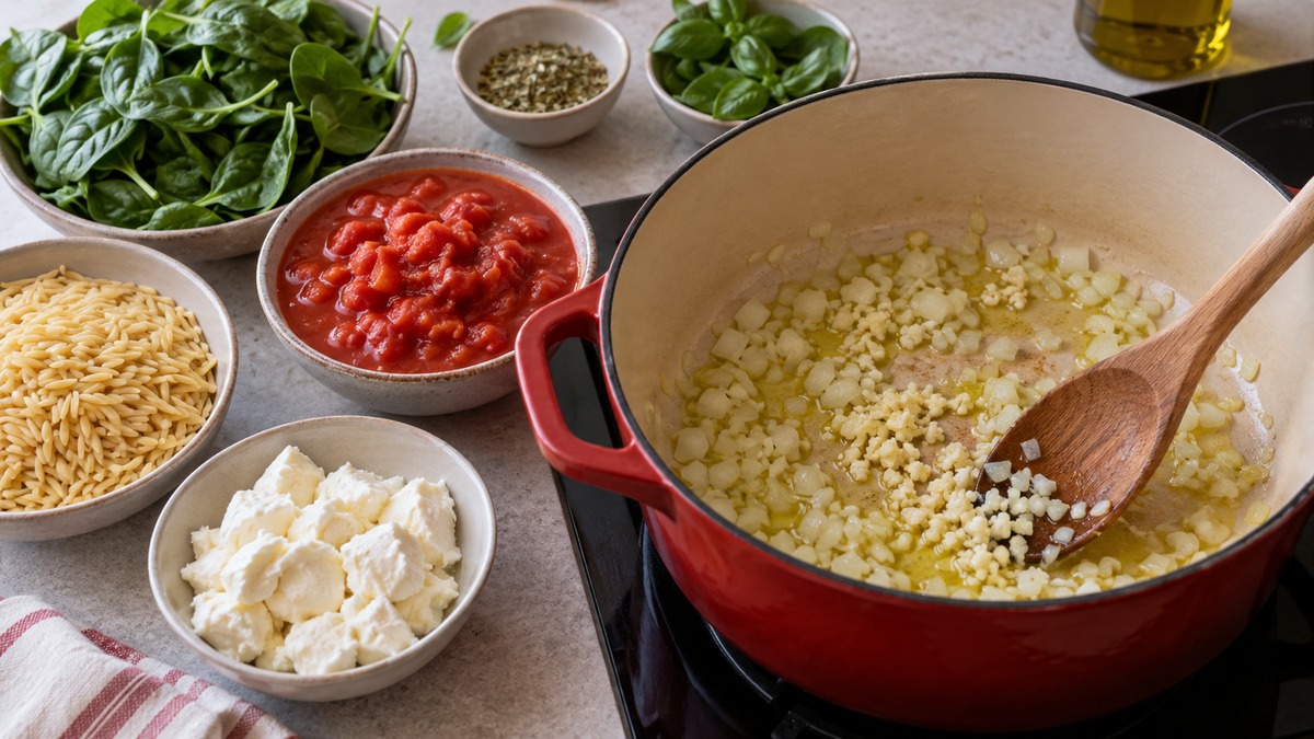 One-Pot-Tomaten-Orzo mit Spinat und Mozzarella: Zutaten und realer Vorbereitungsschritt.