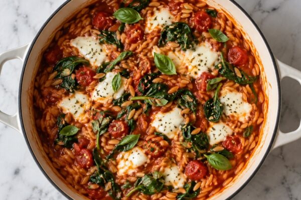 One-Pot-Tomaten-Orzo mit Spinat und Mozzarella: Fertiges Gericht aus anderer Perspektive.