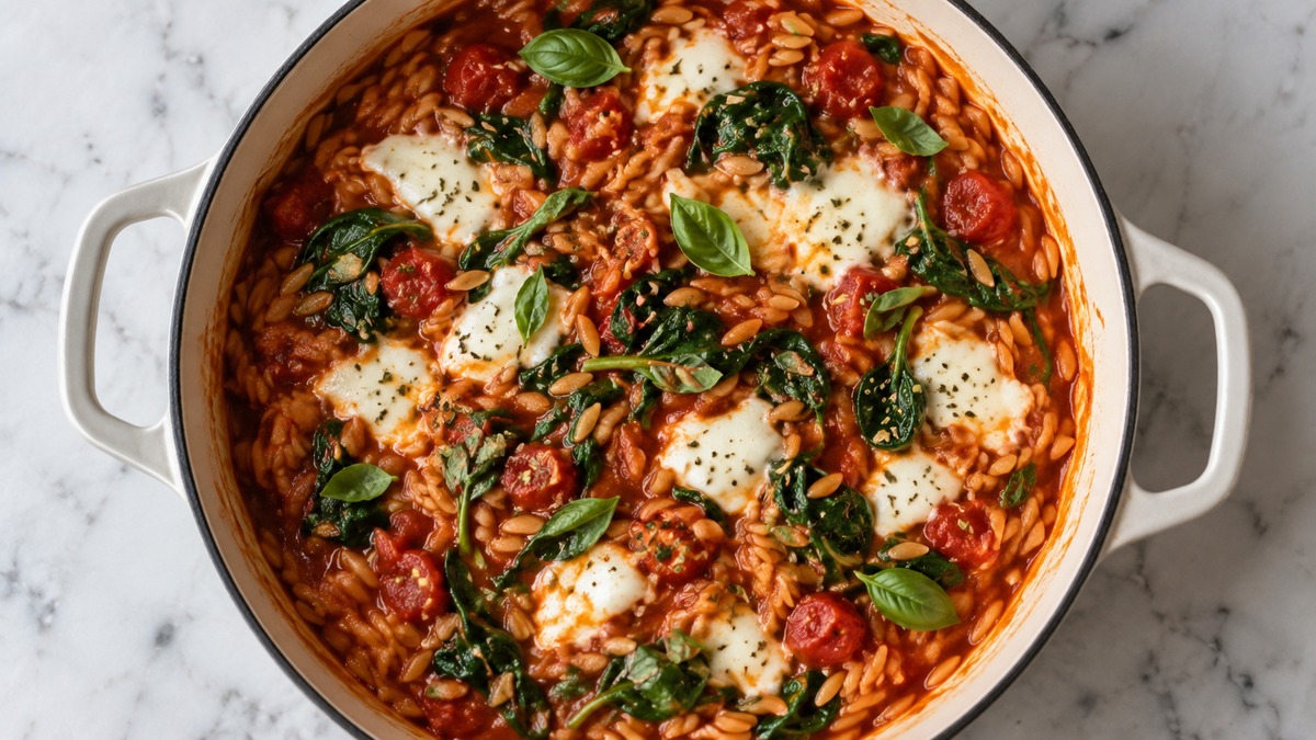One-Pot-Tomaten-Orzo mit Spinat und Mozzarella: Fertiges Gericht aus anderer Perspektive.