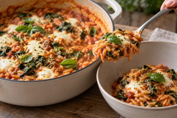 One-Pot-Tomaten-Orzo mit Spinat und Mozzarella: Aktive Anrichte- oder Servierszene.