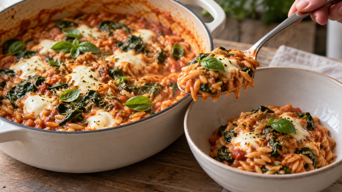 One-Pot-Tomaten-Orzo mit Spinat und Mozzarella: Aktive Anrichte- oder Servierszene.