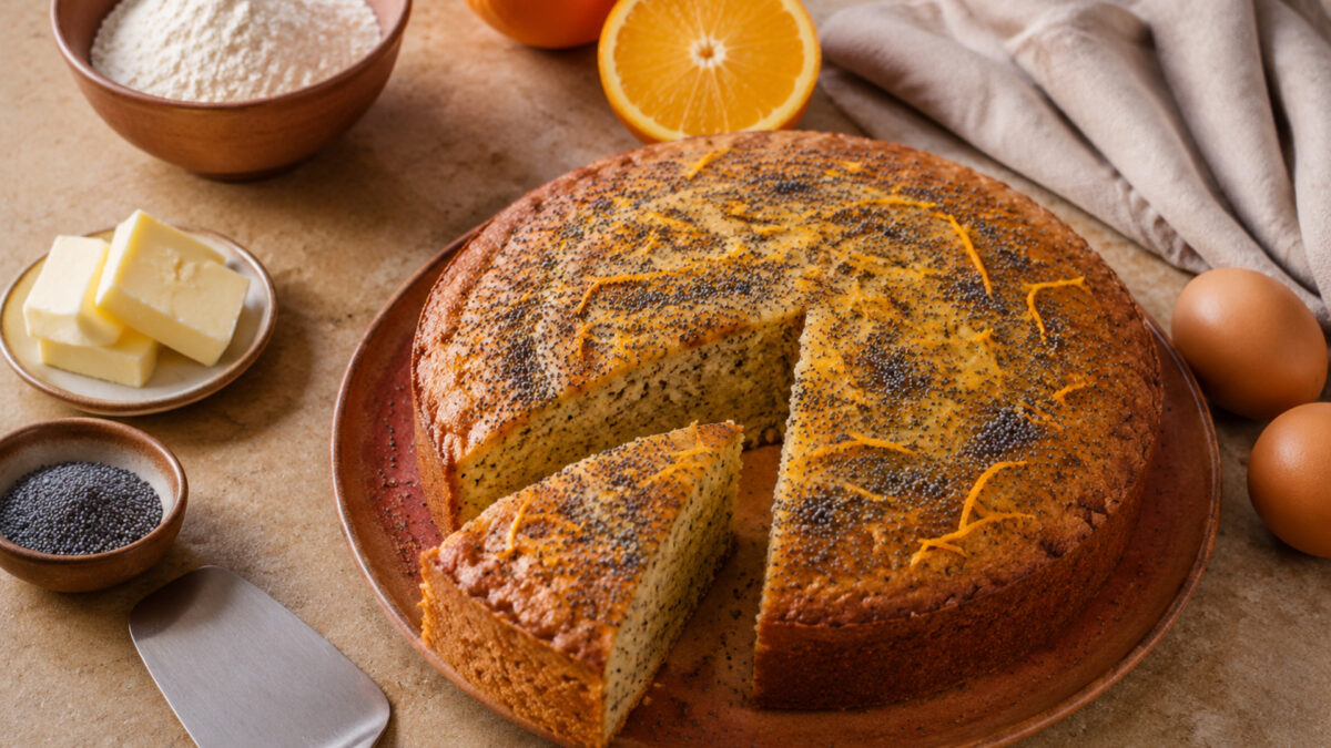 Hauptansicht des fertigen Gerichts. Rezept: Orangen-Mohn-Kuchen