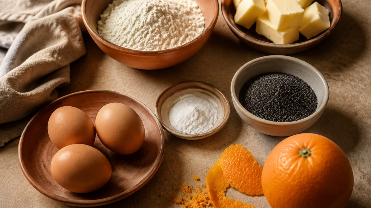 Zutaten- und Vorbereitungsansicht. Rezept: Orangen-Mohn-Kuchen