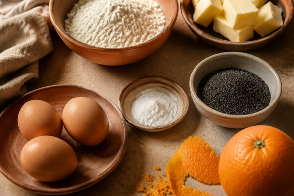 Zutaten- und Vorbereitungsansicht. Rezept: Orangen-Mohn-Kuchen