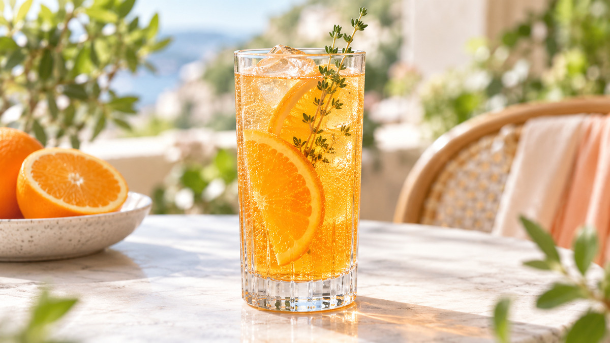 Orangen-Thymian-Spritz: Fertiges Getränk als zentrales Hauptmotiv.