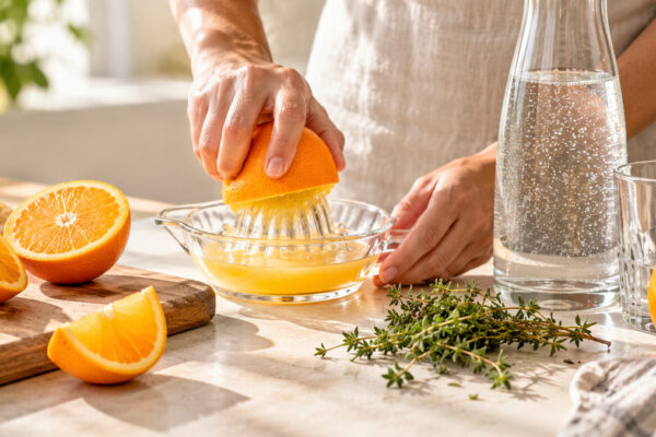 Orangen-Thymian-Spritz: Verwendete Zutaten und nachvollziehbare Vorbereitung.