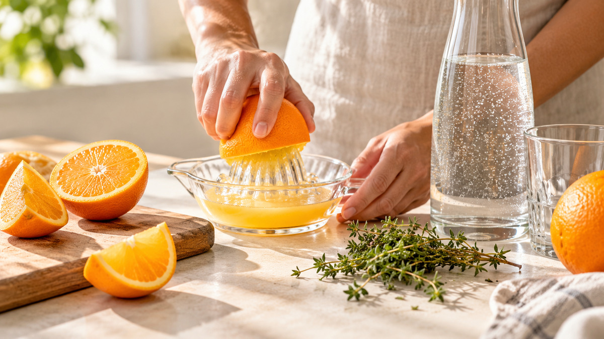 Orangen-Thymian-Spritz: Verwendete Zutaten und nachvollziehbare Vorbereitung.