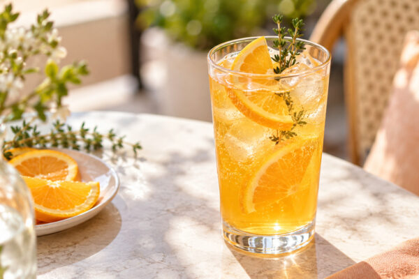 Orangen-Thymian-Spritz: Fertiges Getränk aus einer alternativen Perspektive.