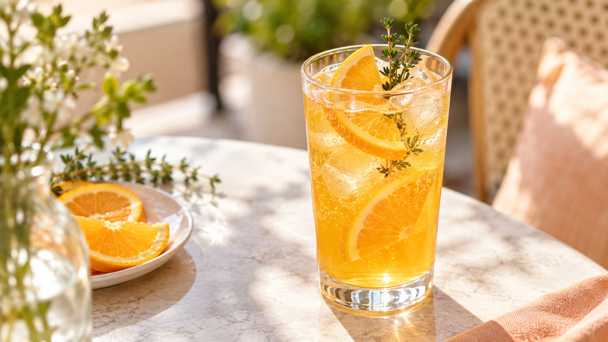 Orangen-Thymian-Spritz: Fertiges Getränk aus einer alternativen Perspektive.