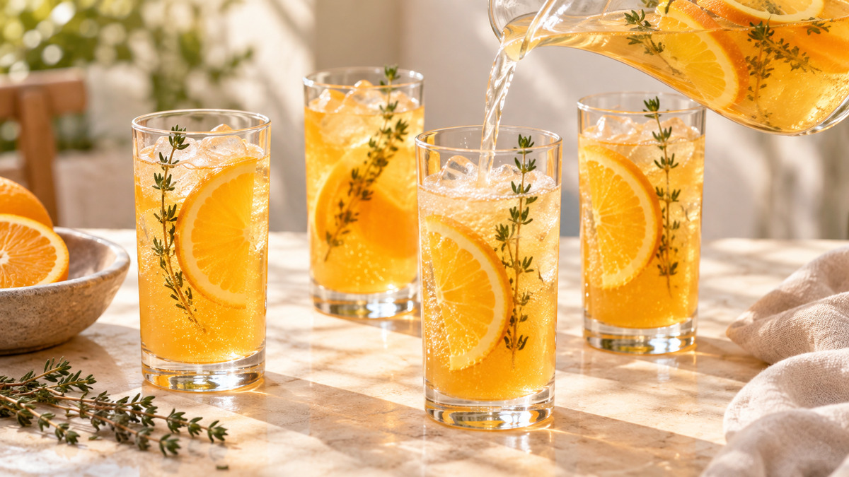 Orangen-Thymian-Spritz: Alternative Anrichtung oder aktive Servierszene.