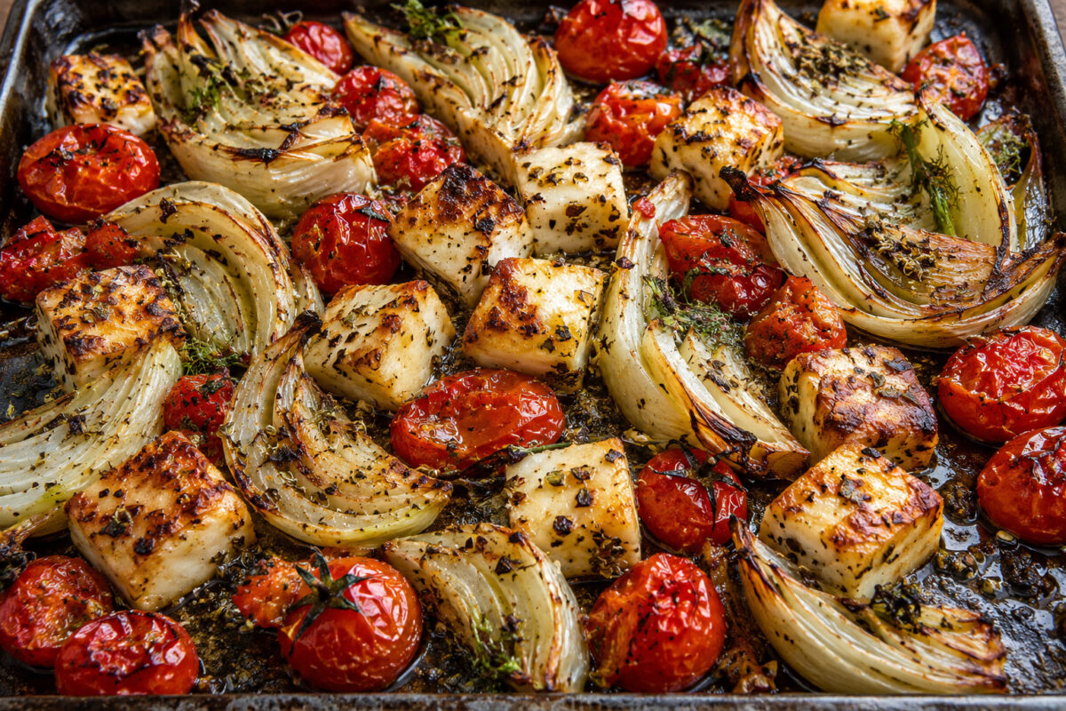 Oregano-Halloumiwürfel vom Blech mit Fenchel und Kirschtomaten