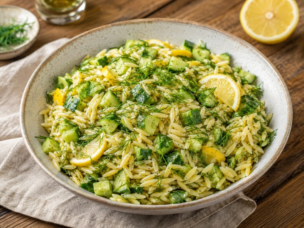 Große flache helle Keramikschale mit Orzo, Gurkenwürfeln, Zitronenspalten und reichlich frischem Dill.