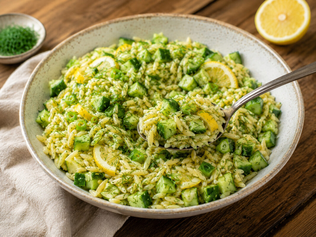 Serviersituation des fertigen Orzo-Salats in derselben großen hellen gesprenkelten Keramikschale: Ein neutraler Löffel hebt eine Portion Orzo mit Gurke, Zitrone und Dill an. Die warme natürliche Foodfotografie-Anmutung und die Requisitenfamilie bleiben e…