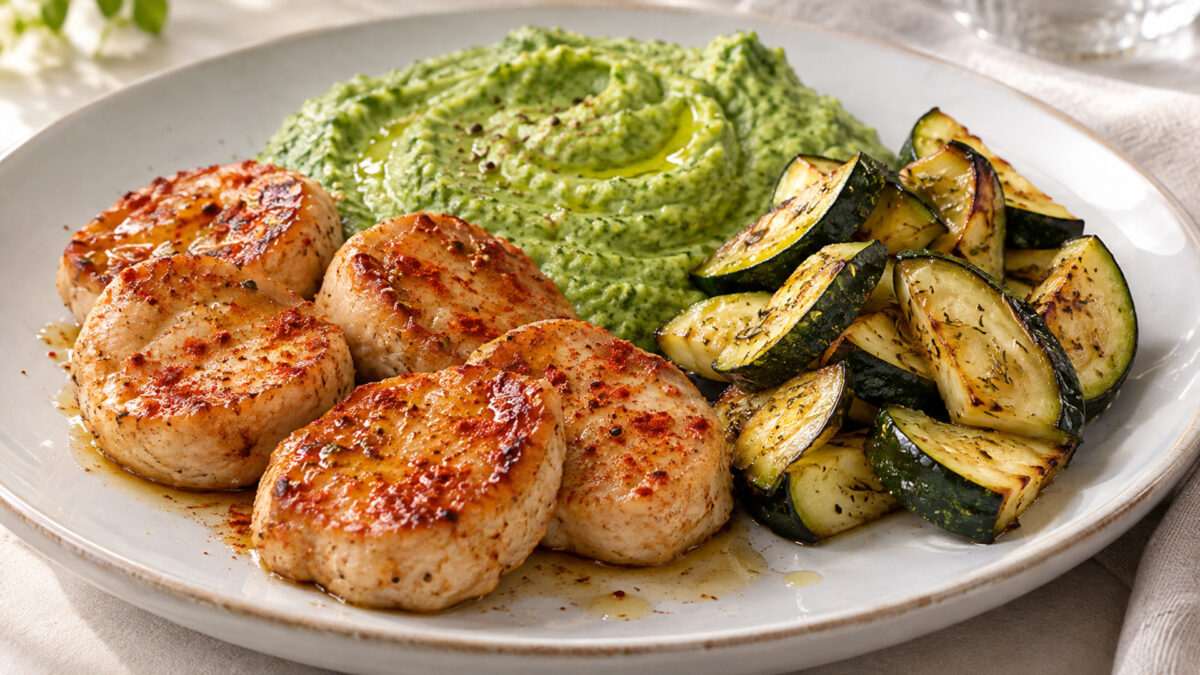 Paprika-Putenmedaillons mit Brokkolicreme und Ofenzucchini