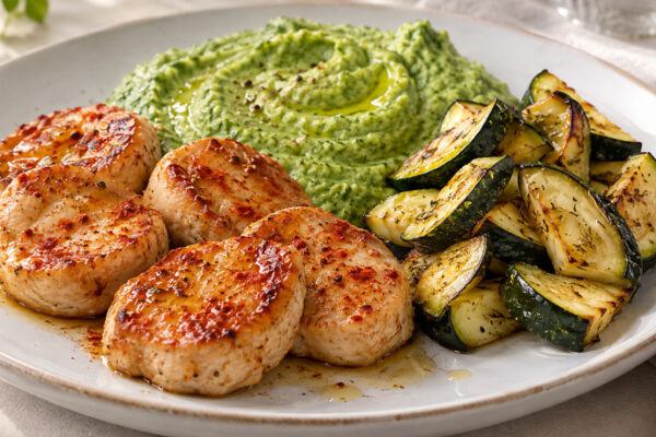 Paprika-Putenmedaillons mit Brokkolicreme und Ofenzucchini